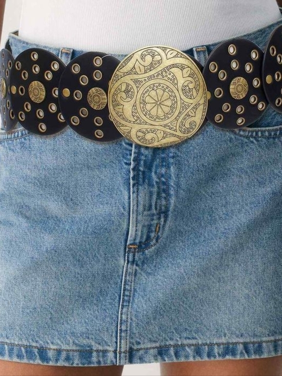 Accessories - Western Belt Black Circular and Gold Cowboy Chic